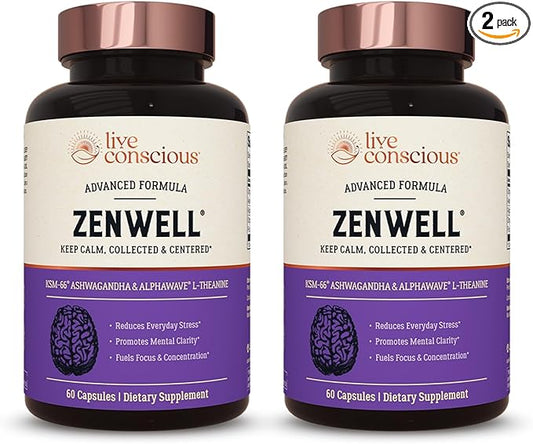 Live Conscious KSM-66 Ashwagandha Supplement w/L Theanine & AlphaWave - ZenWell Everyday Stress Relief, Cognitive, Brain Health - Ashwagandha for Men & Women - 60 Capsules (2-Pack)