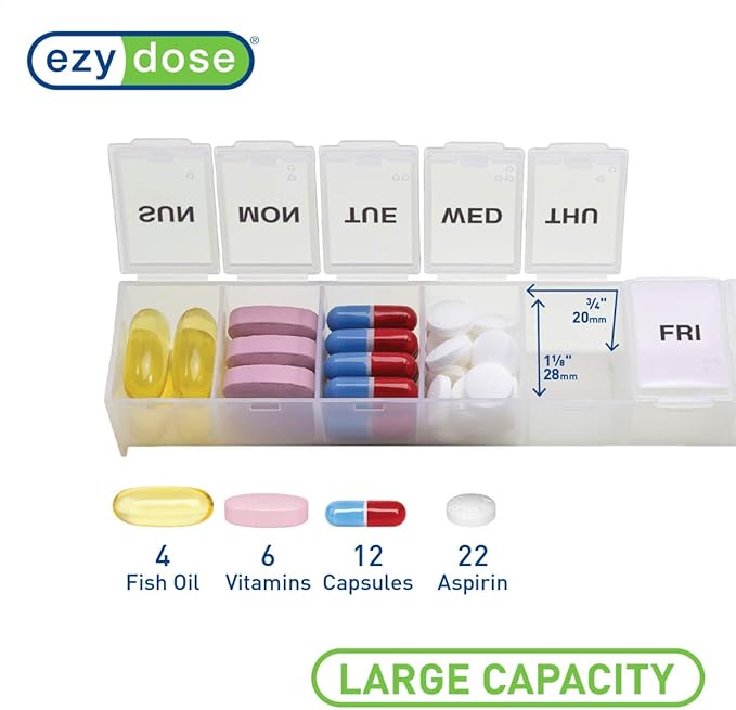 EZY DOSE Weekly (7-Day) Daily Pill Organizer, Vitamin Planner, and Medicine Container, Large Compartments, Easy to Open, Travel Friendly, Includes One Black and One White (2 Pack), Made in The USA