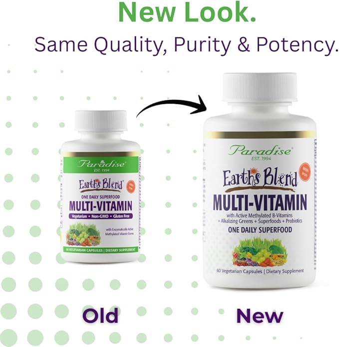 Paradise Herbs Earth's Blend Women's Once Daily Multivitamin with Iron, 48 Organic Superfoods, Probiotics, Antioxidants, Vitamins A, B12, C, D, K2, 60 Capsules