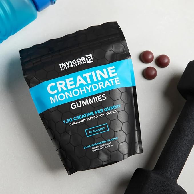 INVIGOR8 Creatine Gummies, Non GMO Creatine Monohydrate for Men and Best Creatine for Women, 4.5 Grams of Creatine Per Serving 90 Gummies, Halal Gluten Free Vegan, Low Sugar, Blue Raspberry