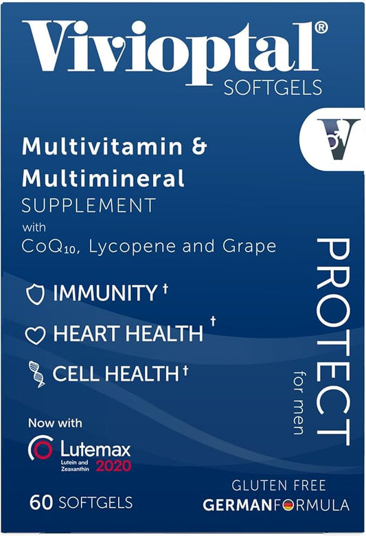 Vivioptal Men, 60 Capsules, CoQ10, Lycopene & Resveratrol, Multivitamin & Multimineral, Gluten Free, German Formula