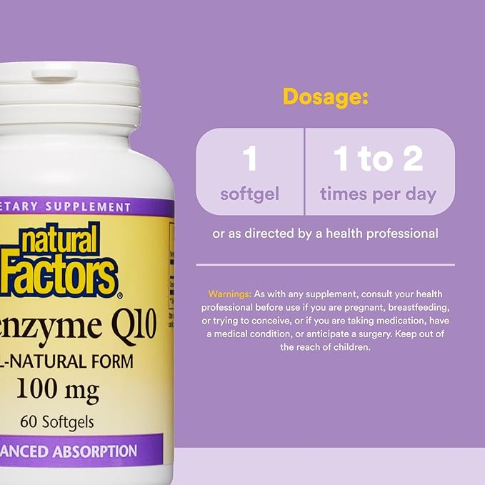 Natural Factors Coenzyme Q10 100 mg, Natural Coenzyme Q10 Supplement for Energy, Heart and Cognitive Support, 60 Softgels
