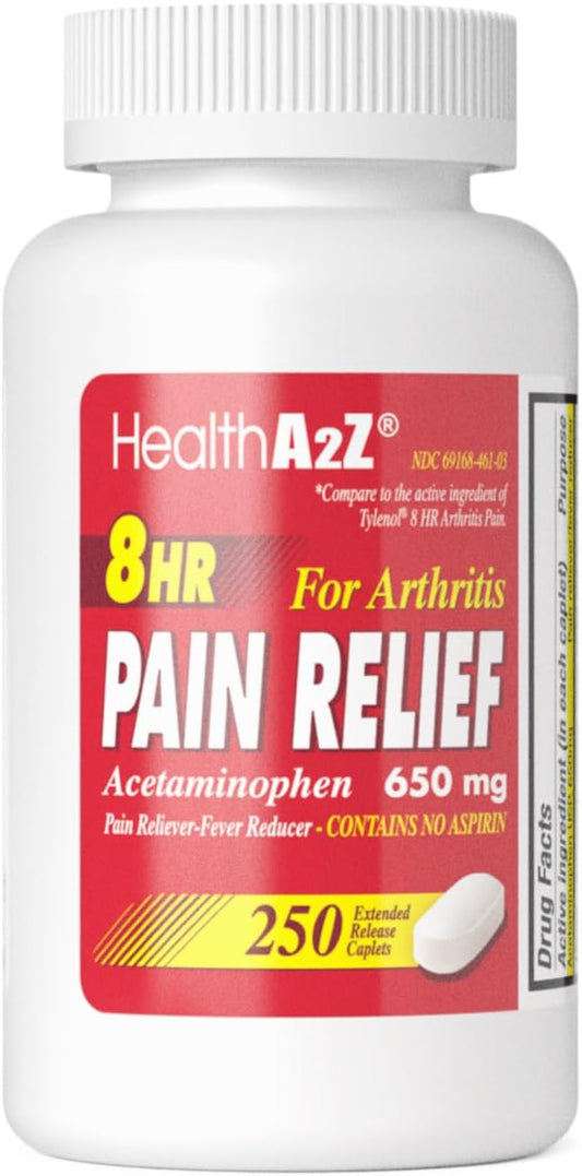 HealthA2Z® Pain Relief Extended Release | Acetaminophen 650mg | 250 Caplets | 8 Hours | Arthiritis Pain | Pain Reliever - Fever Reducer | Contains no Aspirin (250 Count)