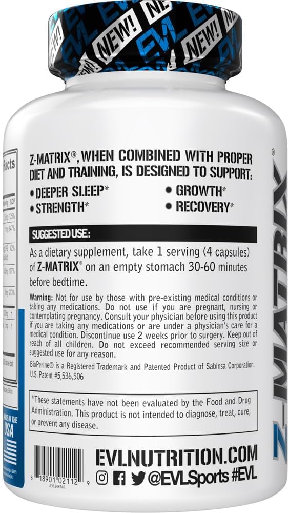 EVL Post Workout Recovery Bodybuilding Supplement - Magnesium and Zinc - ZMatrix Zinc Magnesium Aspartate Muscle Recovery Supplement for Sleep Support and Muscle Health