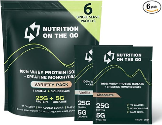 Travel Whey Protein Isolate Packets – Single-Serve Protein Powder – 25g Proteins + 5g Creatine - Variety Pack (Vanilla & Chocolate) (6-Pack)