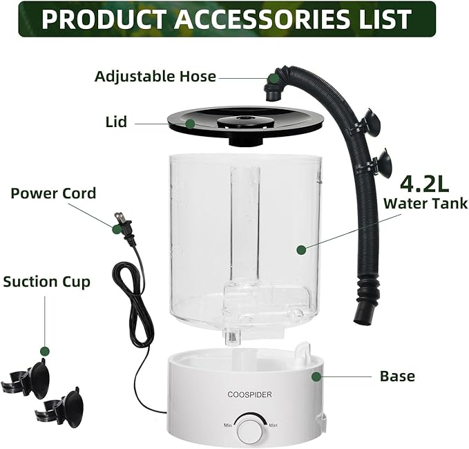 Coospider 4.2L Top Fill Reptile Fogger Mister, Reptile Humidifier for Reptiles Tank, Terrariums Humidifier with Extended Tube, Automatic Reptile Misting System for Reptiles Amphibians Herps Vivarium