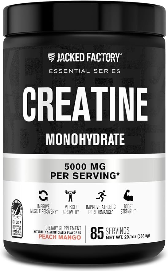 Jacked Factory Flavored Creatine Monohydrate Powder 425g - Creatine Supplement for Muscle Growth, Increased Strength, Enhanced Energy, & Improved Athletic Performance - 85 Servings, Peach Mango