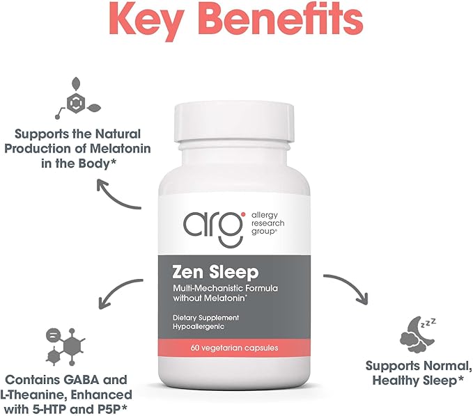 Allergy Research Group Zen Sleep - GABA L-Theanine Sleep Supplement for Adults with P5P, 5-HTP, and Vitamin B6, Natural Aid for Calm, Restful REM - 60 Vegetarian Capsules