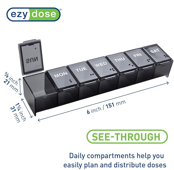 EZY DOSE Weekly (7-Day) Daily Pill Organizer, Vitamin Planner, and Medicine Container, Large Compartments, Easy to Open, Travel Friendly, Includes One Black and One White (2 Pack), Made in The USA