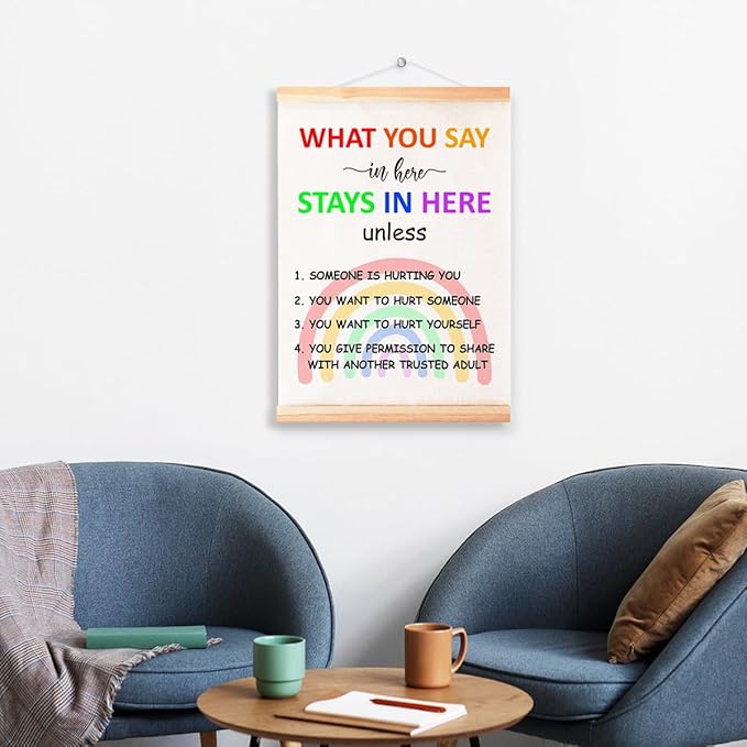 What You Say in Here Stays in Here Unless Poster Hanger Frame for Therapy Counseling Office Wall Decor,Mental Health Rainbow Canvas Wall Art Poster Print Wall Hanging 16x12in