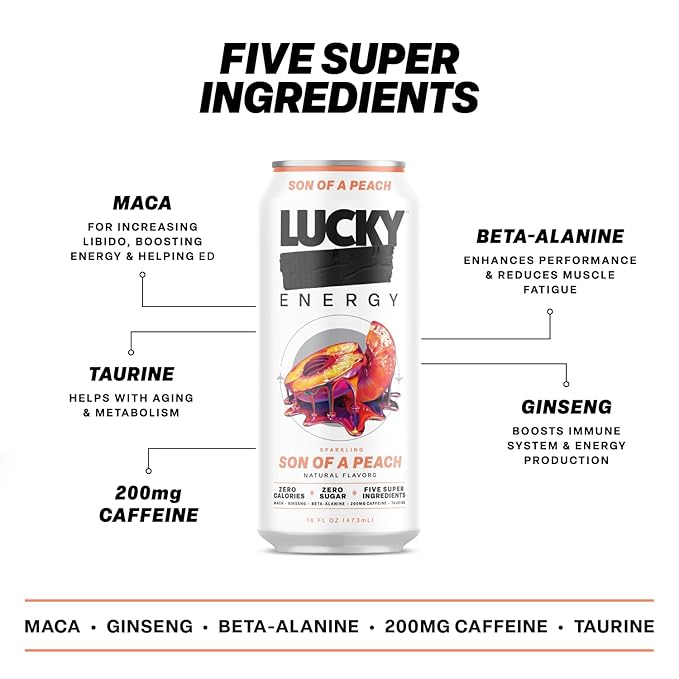Lucky Energy Sugar Free Energy Drinks 16 Fl Oz Cans (12-Pack) Son of a Peach with Maca, Ginseng, Taurine, Beta-Alanine, 200mg Caffeine, Zero Calories