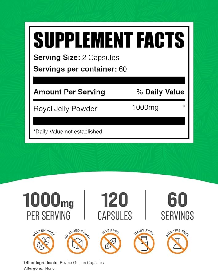 BulkSupplements.com Royal Jelly Capsules - Royal Jelly Supplement, Nutritional Supplement - Gluten Free, 2 Capsules per Serving, 120 Count (Pack of 1)