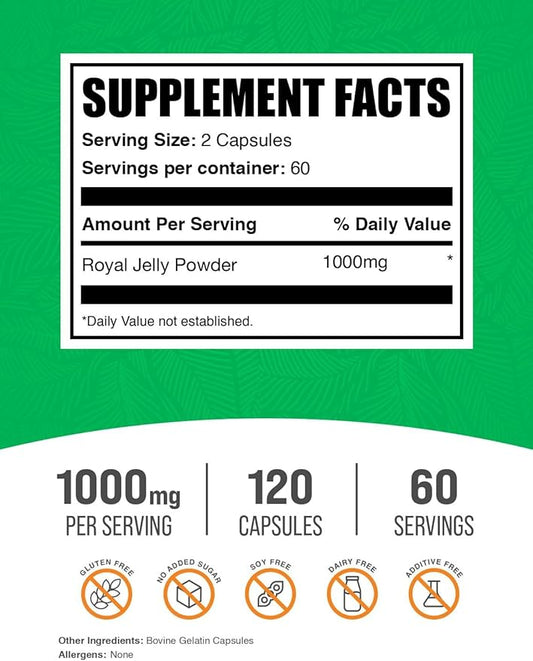 BulkSupplements.com Royal Jelly Capsules - Royal Jelly Supplement, Nutritional Supplement - Gluten Free, 2 Capsules per Serving, 120 Count (Pack of 1)