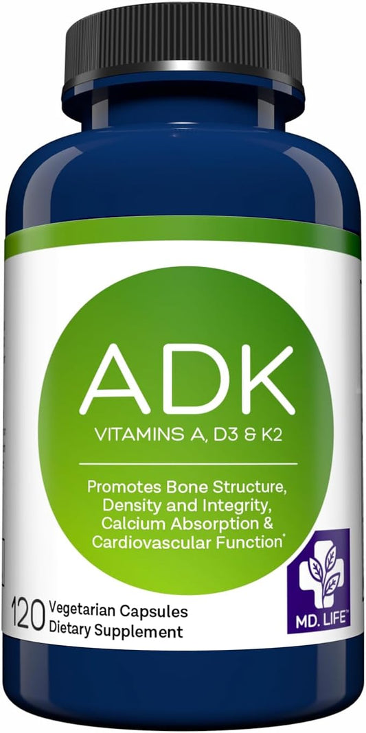 MD Life ADK Vitamin Supplement With Vitamin D3, K2 & A - 90 Capsules - Supports Bone & Heart Health - High Potency ADK Complex