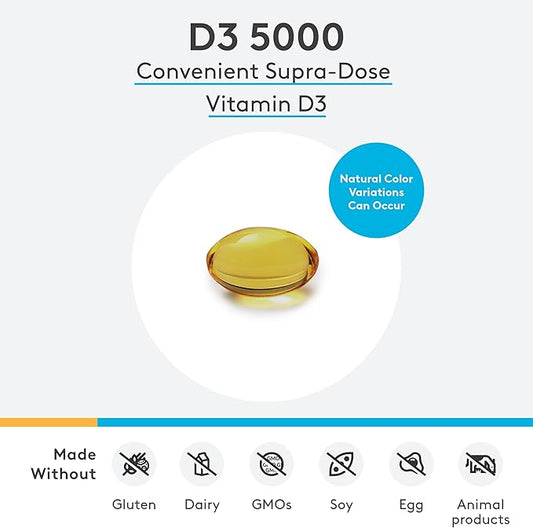 XYMOGEN D3 5000 - Bioavailable Vitamin D3 5000 IU (125 mcg) - High Potency Vitamin D Supplement to Support Immune Health, Bone + Heart Health (180 Softgels)