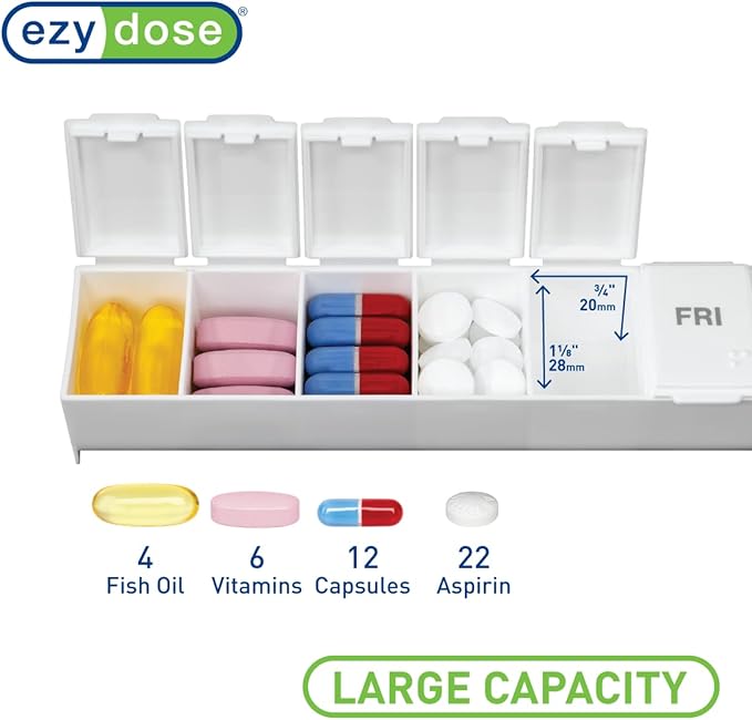 EZY DOSE Weekly (7-Day) Pill Case, Medicine Planner, Vitamin Organizer Box, Convenient and Easy to Use, Large Compartments, Travel Friendly, White, Made in the USA, BPA Free