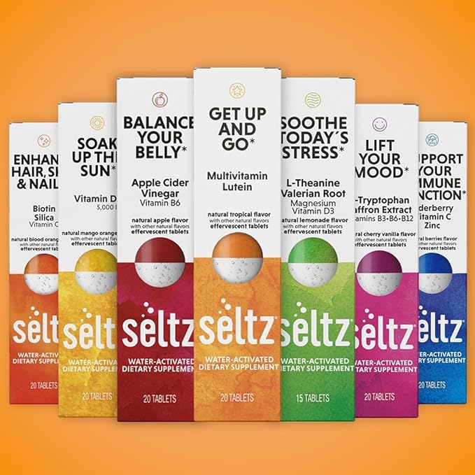 Seltz® Water-Activated Vitamins - Get Up and Go with Multivitamin and Lutein – Natural Tropical Flavor Dietary Supplement - 6 Packs x 20 Effervescent Tablets Each