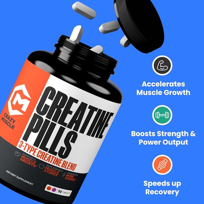Creatine Pills, 5g 3X Pure Creatine Monohydrate Pills, Pre Workout Bulk Muscle Mass Gainer, High Absorption Easy to Take ThreeAtine 3 Type Optimum Performance for Lean Growth Men Women, 90 Tablets