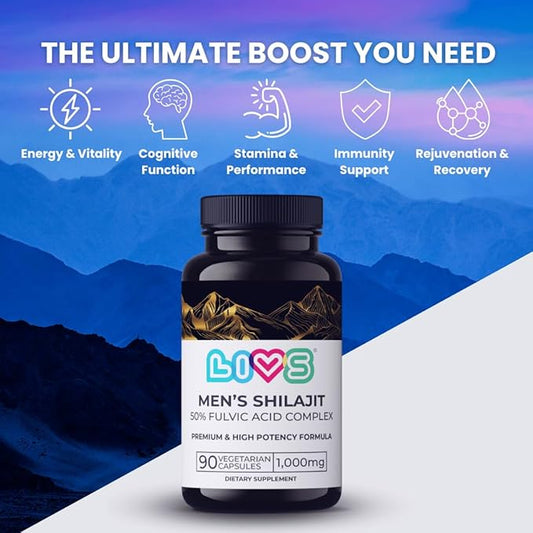 Pure Himalayan Shilajit for Men 1000mg per Serving with 50% Fulvic Acid | Supports Energy, Immune Health & Vitality | Vegan, Gluten-Free, with Probiotics – 180 Capsules