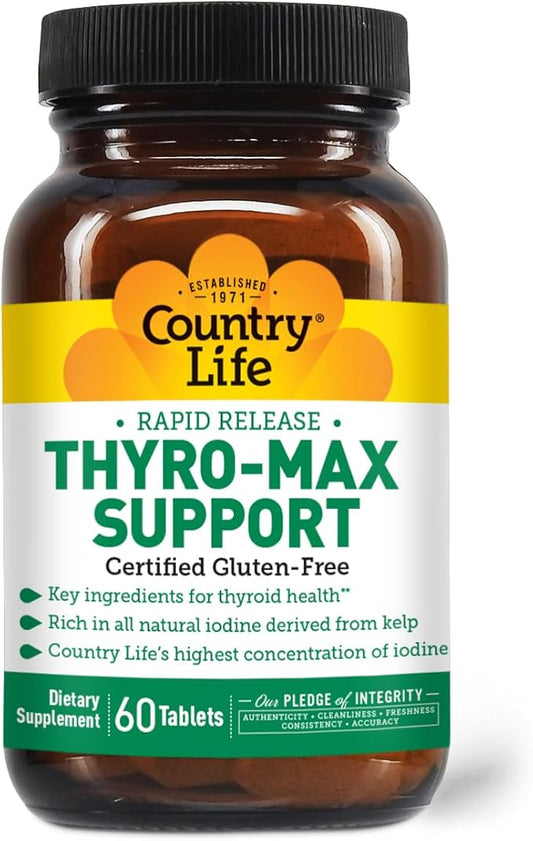 Country Life Thyro-Max Support - Kelp-Derived Iodine & L-Tyrosine Thyroid Supplement for Men and Women - B Vitamins, Gluten-Free, Vegan, Kosher - 60 Capsules