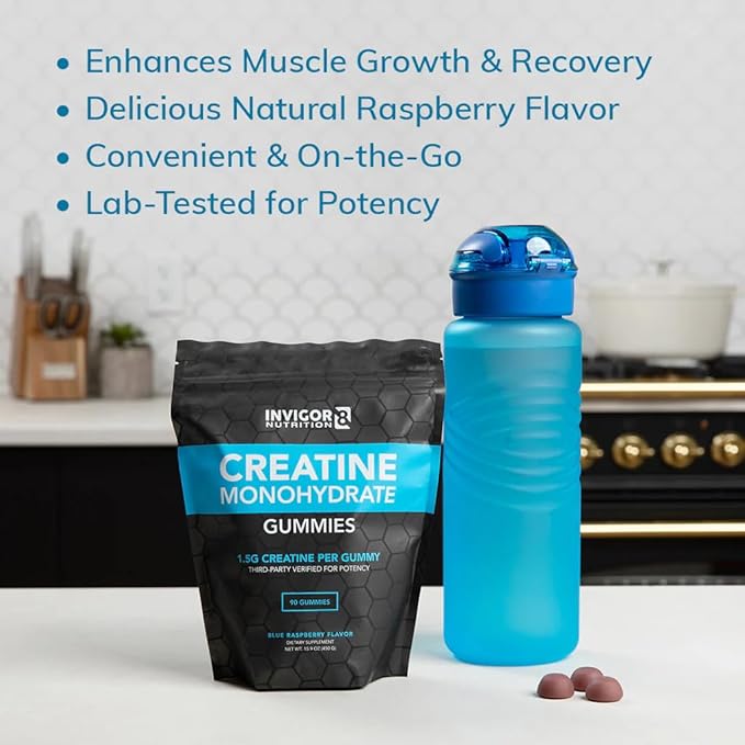 INVIGOR8 Creatine Gummies, Non GMO Creatine Monohydrate for Men and Best Creatine for Women, 4.5 Grams of Creatine Per Serving 90 Gummies, Halal Gluten Free Vegan, Low Sugar, Blue Raspberry