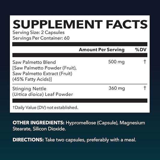 Saw Palmetto with Stinging Nettle Capsules - 2X Prostate Support Supplement for Men’s Health - 120 Count - DHT Blocker for Urinary Tract Function and Hair - Vegan, Non-GMO - 2 Month Supply