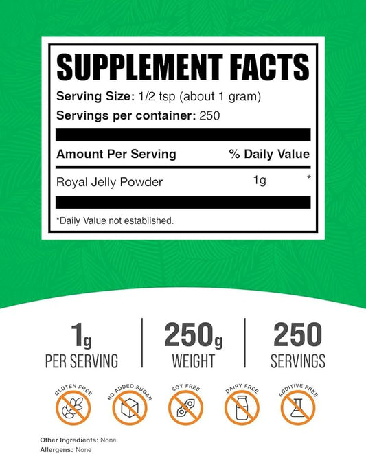 BulkSupplements.com Royal Jelly Powder - Royal Jelly Supplement, for Immune Support - Gluten Free, 1g per Serving, 250g (8.8 oz) (Pack of 1)
