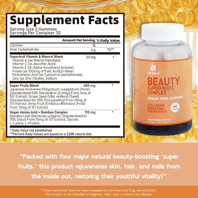 Women's Beauty Superfruits Complex and Multi Vitamin Gummies, 15 Essential Nutrients In One for Beauty Skin Hair Nails, Collagen Boosting Properties Niacinamide Vitamin E A C Zinc Grape Seed