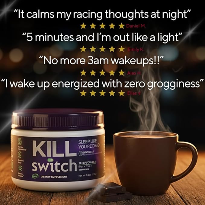 Killswitch Sleep Aid for Adults – Fall Asleep Fast & Wake Refreshed, Sugar-Free Hot Chocolate Supplement - Magnesium, Tart Cherry, L-Theanine & More for Restful Sleep, 30 Servings, Made in USA