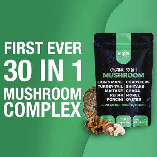 30 in 1 Ultimate Mushroom Supplement - 180 Mushroom Capsules, Organic - Lion’s Mane, Cordyceps, Chaga, Reishi, Turkey Tail, Mitake, Shiitake & More - Brain & Immune Support