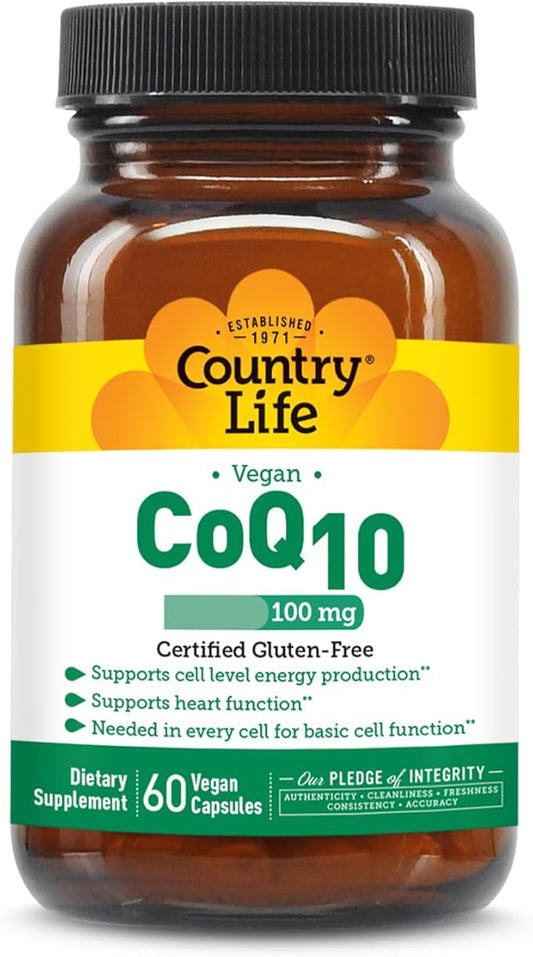 Country Life Simply CoQ10 100mg – Supports Heart Function & Cellular Energy, Vegan Softgels, Certified Gluten-Free, Non-GMO Supplement, 60 ct – Cardiovascular Health Support