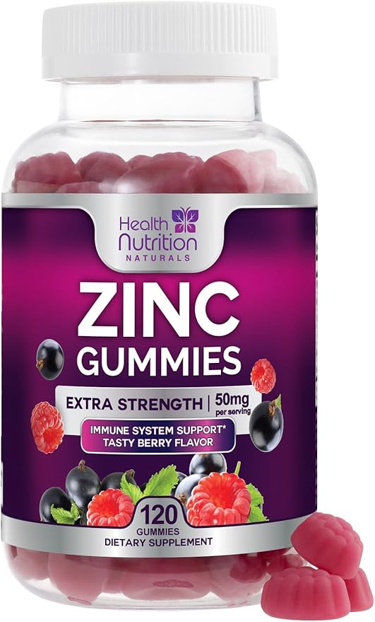 Zinc Supplement 50mg Gummies for Adults - Max Strength Skin Health & Immune Support Gummy, Vegan, Non-GMO & Gluten Free, Nature’s Antioxidant & Bone Health Chewable Tasty Berry Flavor - 120 Gummies