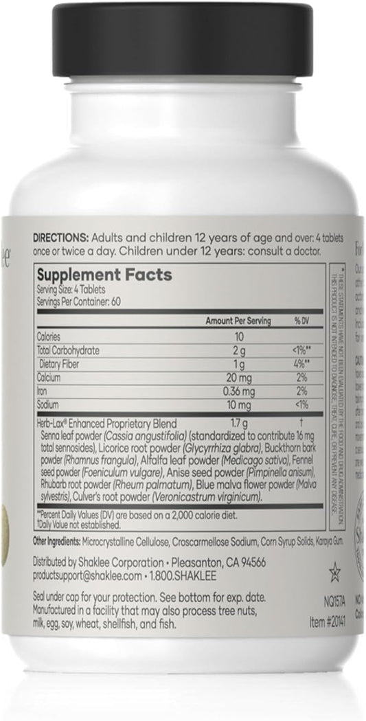 Shaklee - Herb-Lax® Gentle Laxative - Herbal Blend with Senna Leaf for Digestive Health & Regularity - Occasional Constipation Support- Enhanced Proprietary Formula - 240 Tablets