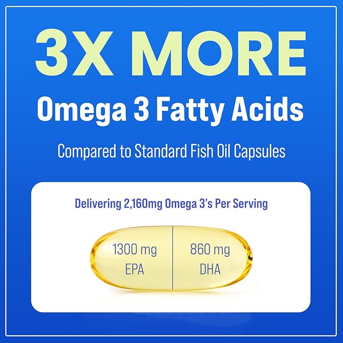 Triple Strength Omega 3 Fish Oil 3600 mg | EPA & DHA | 180 Softgels | Burpless Fish Oil Supplement, Wild Caught | Over 2100mg Omega-3 Fatty Acids Supplements | Natural Lemon Flavor Omegas 3 Pills
