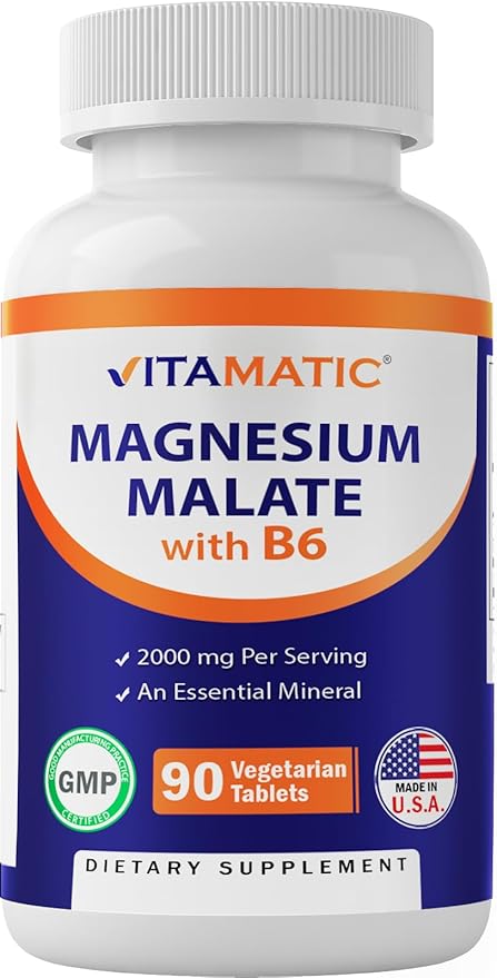 Vitamatic Magnesium Malate 2000mg per Serving - 90 Vegetarian Tablets - Added B6 for Maximum Absorption - Supports Muscle, Joint, and Heart Health* (1 Bottle, Unflavored)