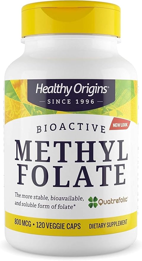 Healthy Origins Methyl Folate 800 mcg (Quatrefolic, Non-GMO, Bioavailable Folate, Gluten Free, Neurotransmitter Support), 120 Veggie Caps