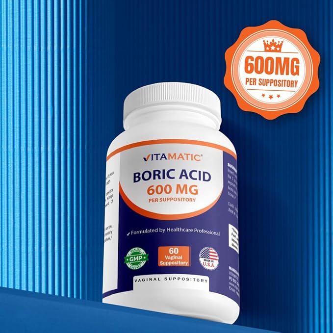 Vitamatic Boric Acid Vaginal Capsule Shell Suppositories 600 mg USP Grade Boric Acid in Vegetarian Capsule Shell - 60 Count