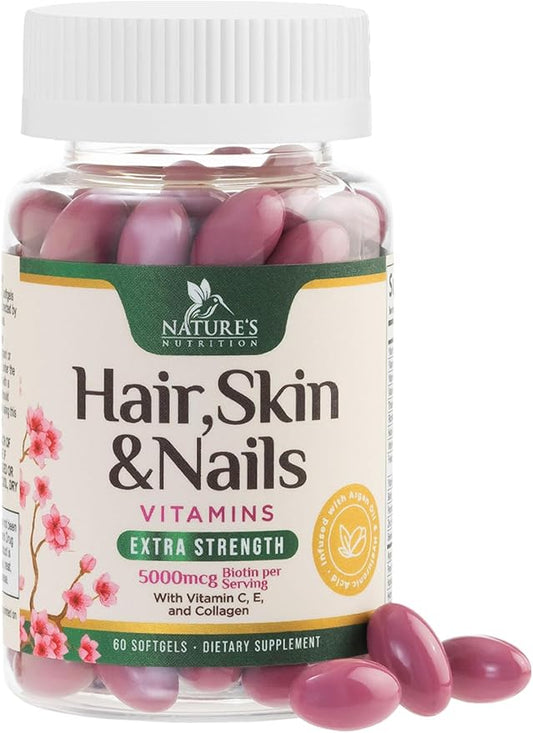 Hair Vitamins Biotin 5000 mcg Collagen for Hair Skin and Nails Vitamin Nature's, Supports Supplement Fast Fuller Thicker Healthy Growth Support, with Hyaluronic Acid Women & Men, Non-GMO, 60 Softgels