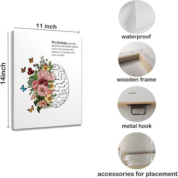 Flower Brain Human Anatomy Framed Canvas Wall Art Decor 11×14 inch, Psychology Mental Health Print Painting Artwork Home Wall Decoration For Home Therapist Counseling Office Bedroom Living Room
