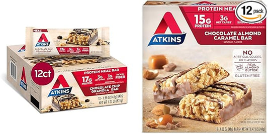 Atkins Chocolate Chip Granola Protein Meal Bar, High Fiber, 17g Protein, 12 Count and Chocolate Almond Caramel Bar, Keto-Friendly, Gluten Free with Real Almond Butter, 5 Count Bundle