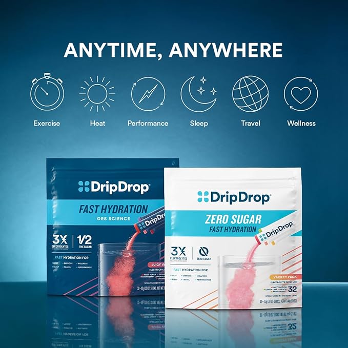 DripDrop Hydration Packets - Orange - Single Serve Electrolytes Powder Drink Mix - Non-GMO, Gluten Free, Vegan - 32 Sticks
