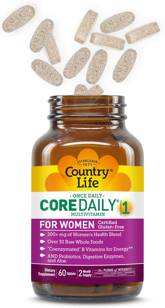 Country Life Women’s Core 1 Daily Multivitamin with Iron, Cranberry, Probiotics, and Digestive Enzymes-Certified Gluten-Free Formula for Energy, Immune Support and Complete Digestive Health,60 Tablets