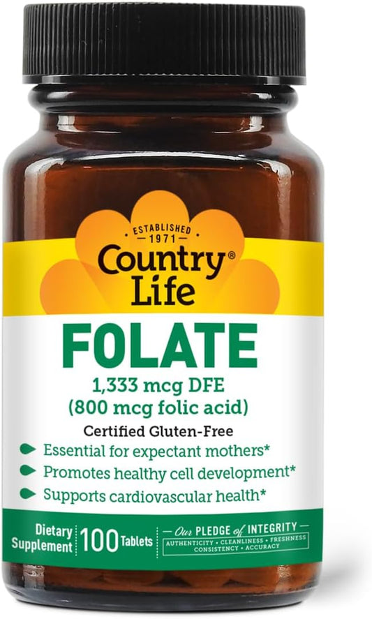Country Life Folate 800 mcg (Folic Acid), Supports Healthy Cell Development & Heart Health, Prenatal Support for Women, 100 Tablets, Certified Gluten-Free, Vegetarian, Kosher