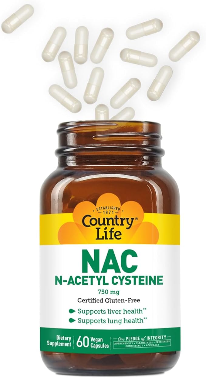 Country Life N-Acetyl Cysteine (NAC) 750 mg – Premium Liver Support and Lung Health Supplement – Powerful Antioxidant Protection, Liver Detox & Cleanse, Immune Support, 60 Vegetarian Capsules