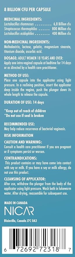 Vaginal Probiotic Bacterial Vaginosis Formula. Reduces The Recurrence of Bacterial vaginosis. Contains 8 Billion Active Cells.Balances Yeast and Bacteria to Maintain Feminine Health (1)