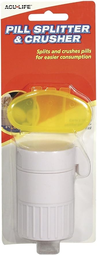 Pill Splitter and Crusher, Daily Usage, Safely Crushes Pills, Vitamins, Tablets, Accurate and Easy Consumption, Includes Storage Container, Travel Sized, White and Yellow, BPA Free