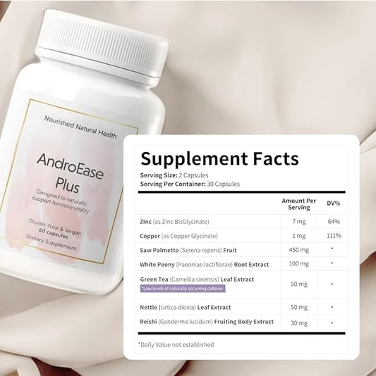 Nourished AndroEase Plus for Women’s Health - Zinc, Reishi, Green Tea and Saw Palmetto for Women - for Energy, Vitality, Facial Hair and Daily Wellness - 360 Capsules, Made in USA