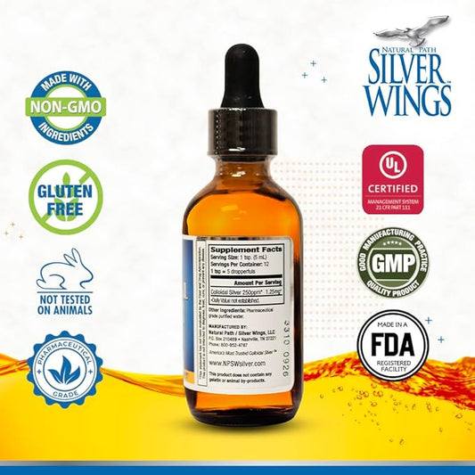 Natural Path Silver Wings Colloidal Silver Liquid - Enhanced Immune Support Supplement - 250ppm (1250mcg) - 2oz Dropper