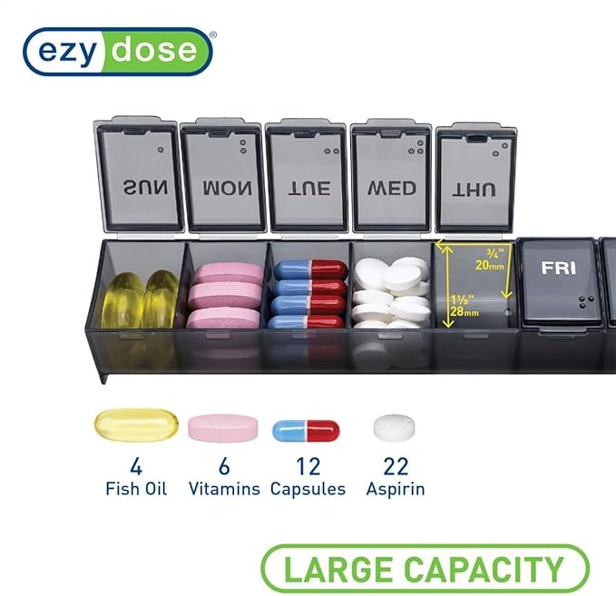 EZY DOSE Weekly (7-Day) Daily Pill Case, Medicine Planner, Vitamin Organizer, Supplement Container, Convenient and Easy to Use, Large Compartments, Travel Friendly, Black, Made in the USA, BPA Free