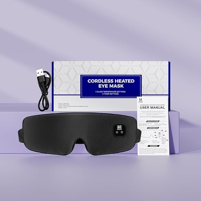 Aroma Season Silk Heated Eye Mask Cordless, 1500mAh Warm Eye Compress for Dry Eyes, Blepharitis, 4 Time Levels and 4 Temperature Settings, Washable (Black)